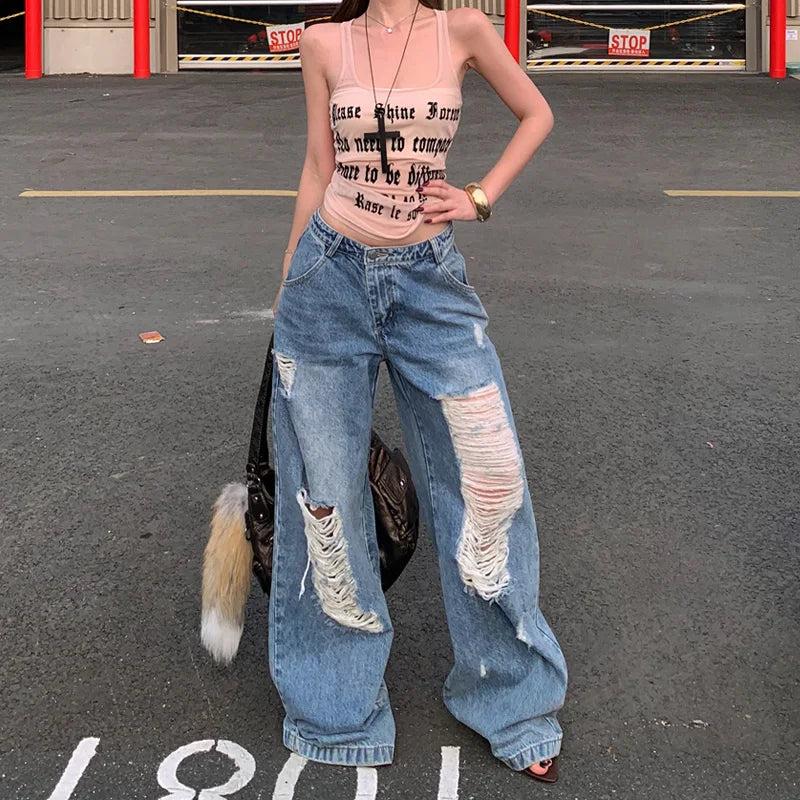 Damen Essential Loose Straight Ripped Jeans