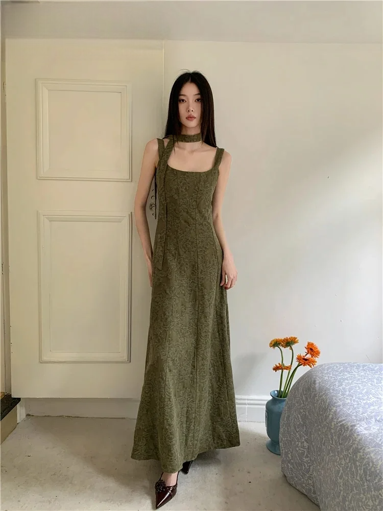 Robe vintage verte en jacquard pour femme