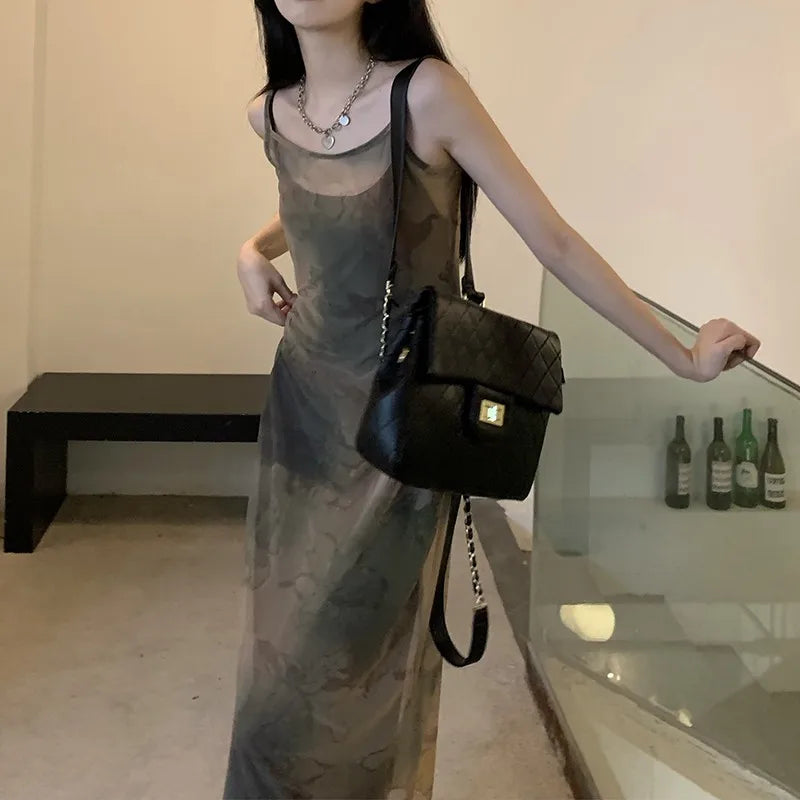 Grunge Y2K Batik-Mesh-Damenkleid