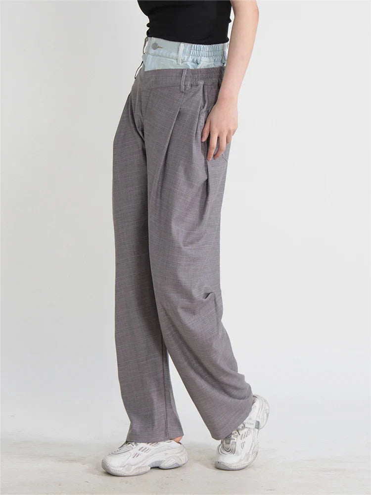 Doppelt karierte Patchwork-Hose mit hohem Bund