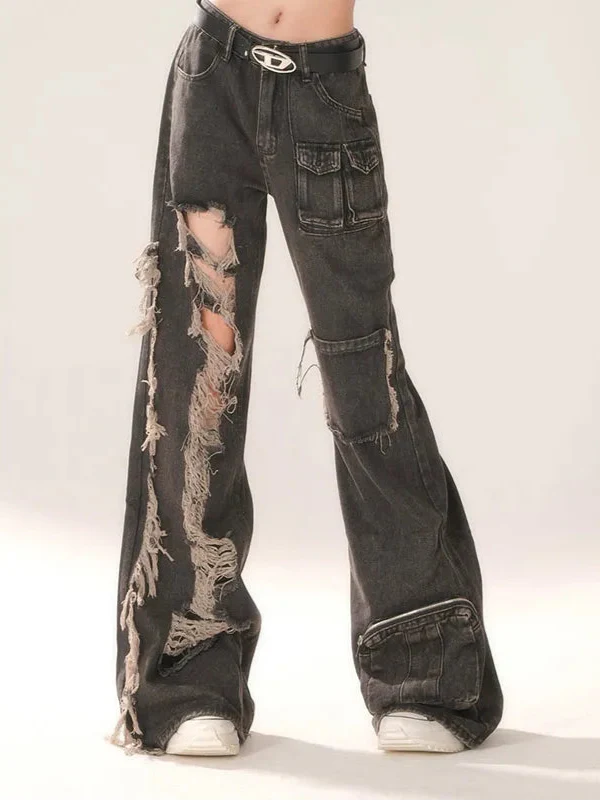 Jean vintage noir déchiré taille haute