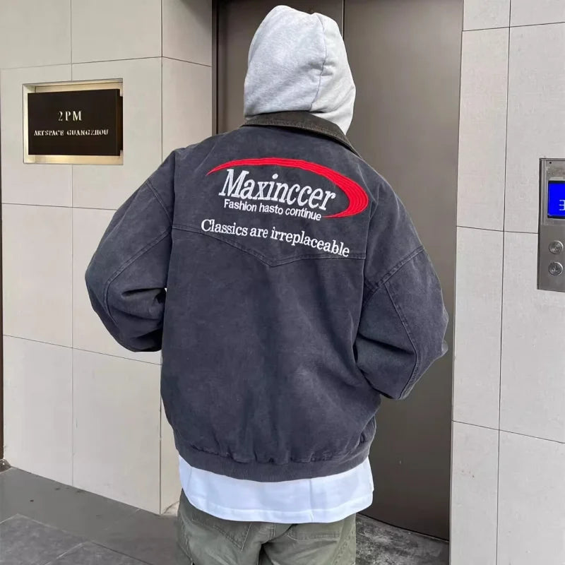 Veste en jean premium délavée à revers brodé