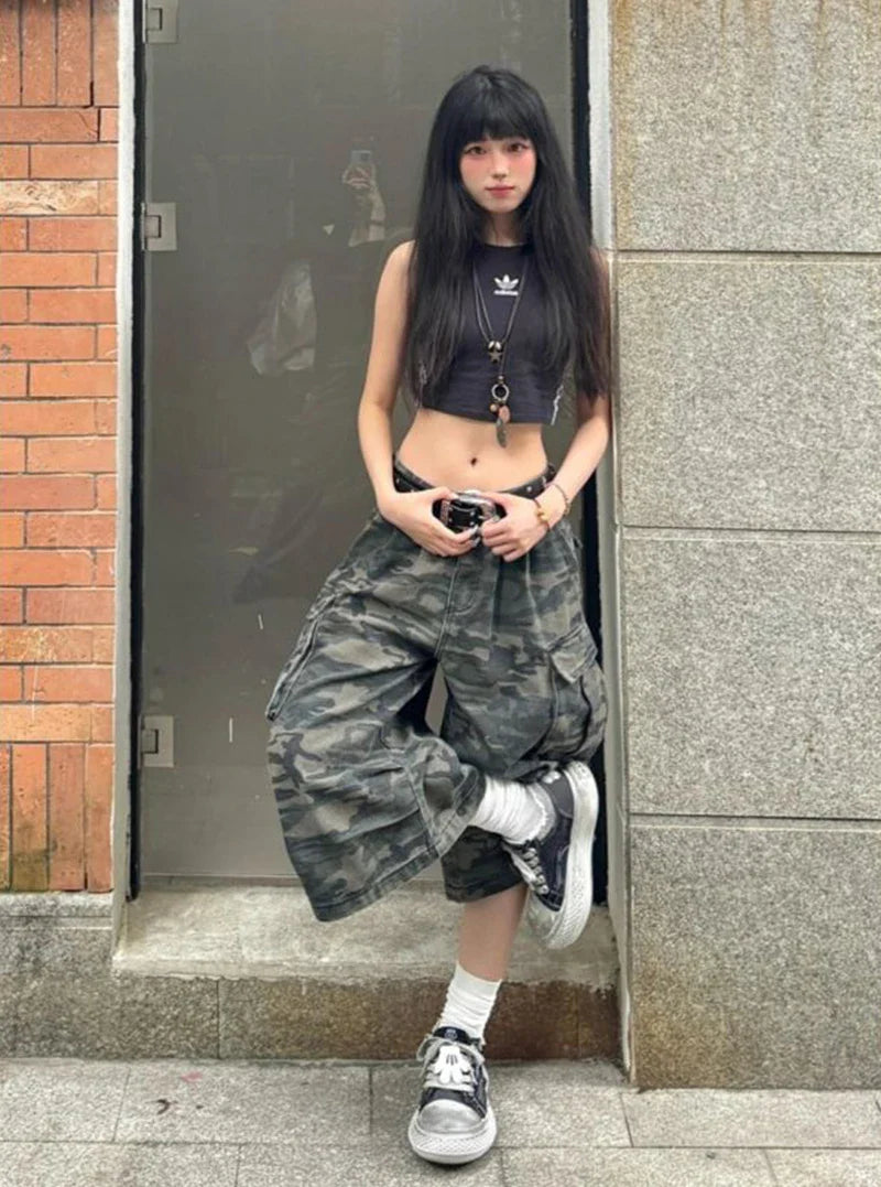 Streetwear Vintage Camouflage Denim High Cargo Jorts