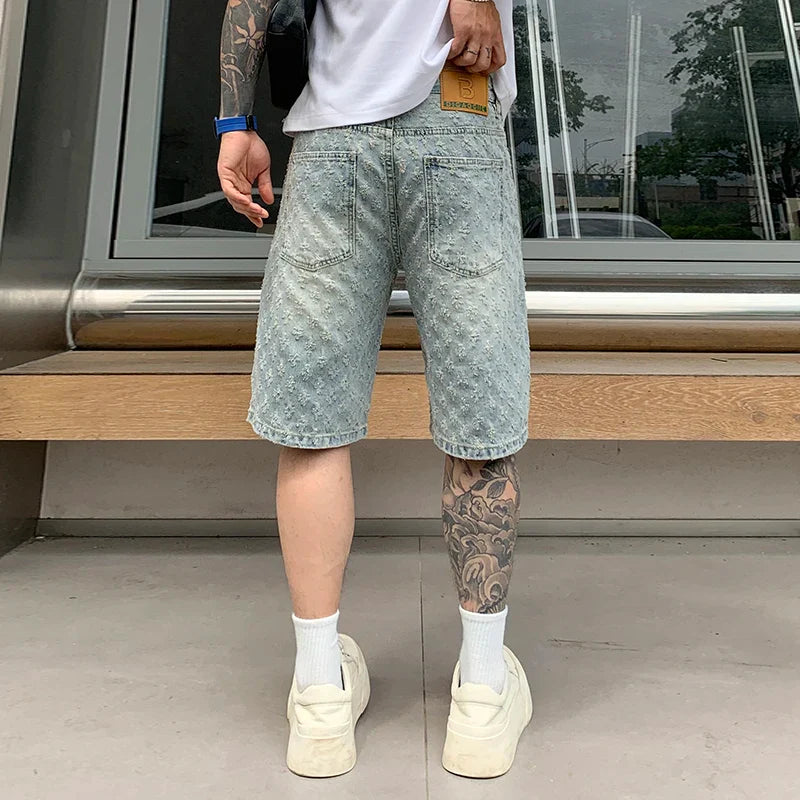 American Style Retro Tide Jacquard Denim Short