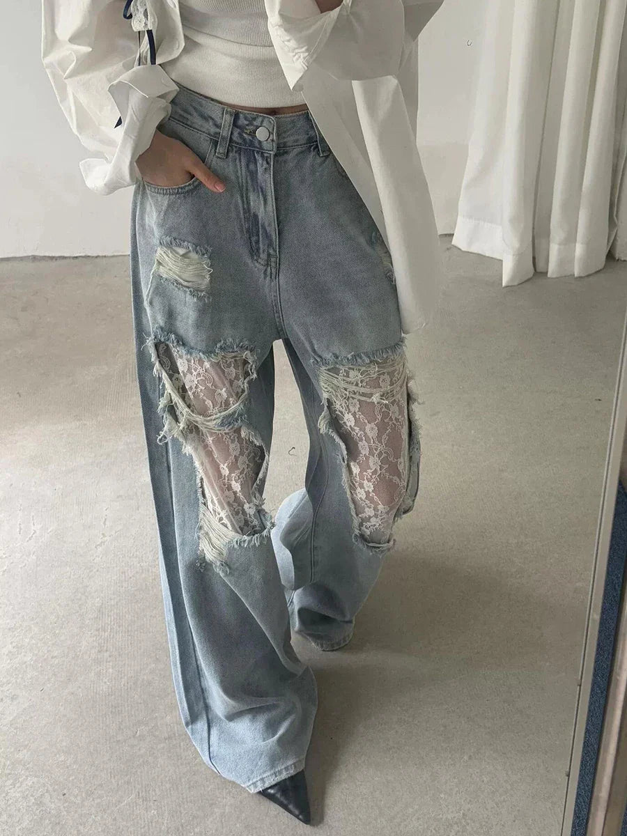 Jean baggy en dentelle rétro chic pour femme