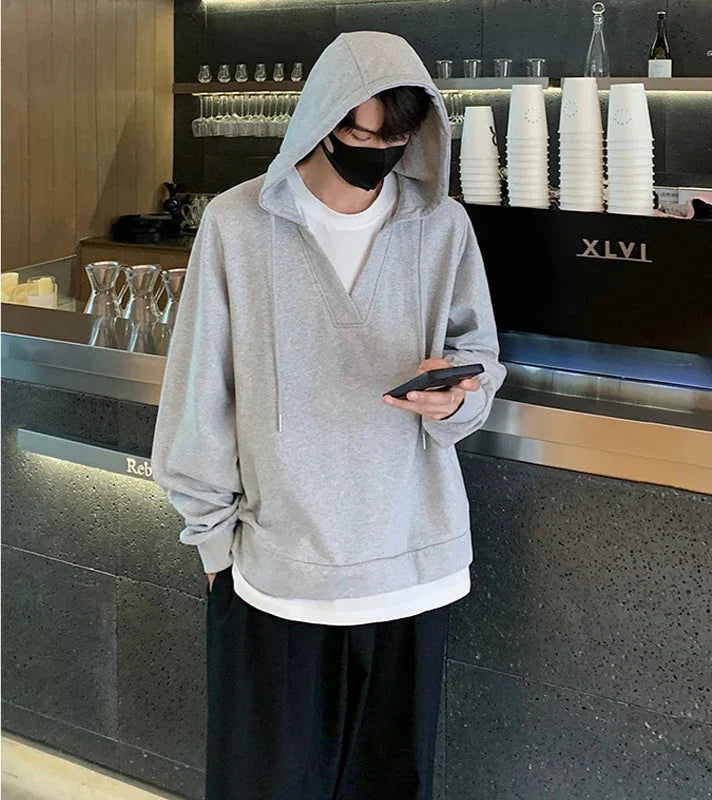 Locker geschnittener, einfarbiger V-Ausschnitt-Hoodie