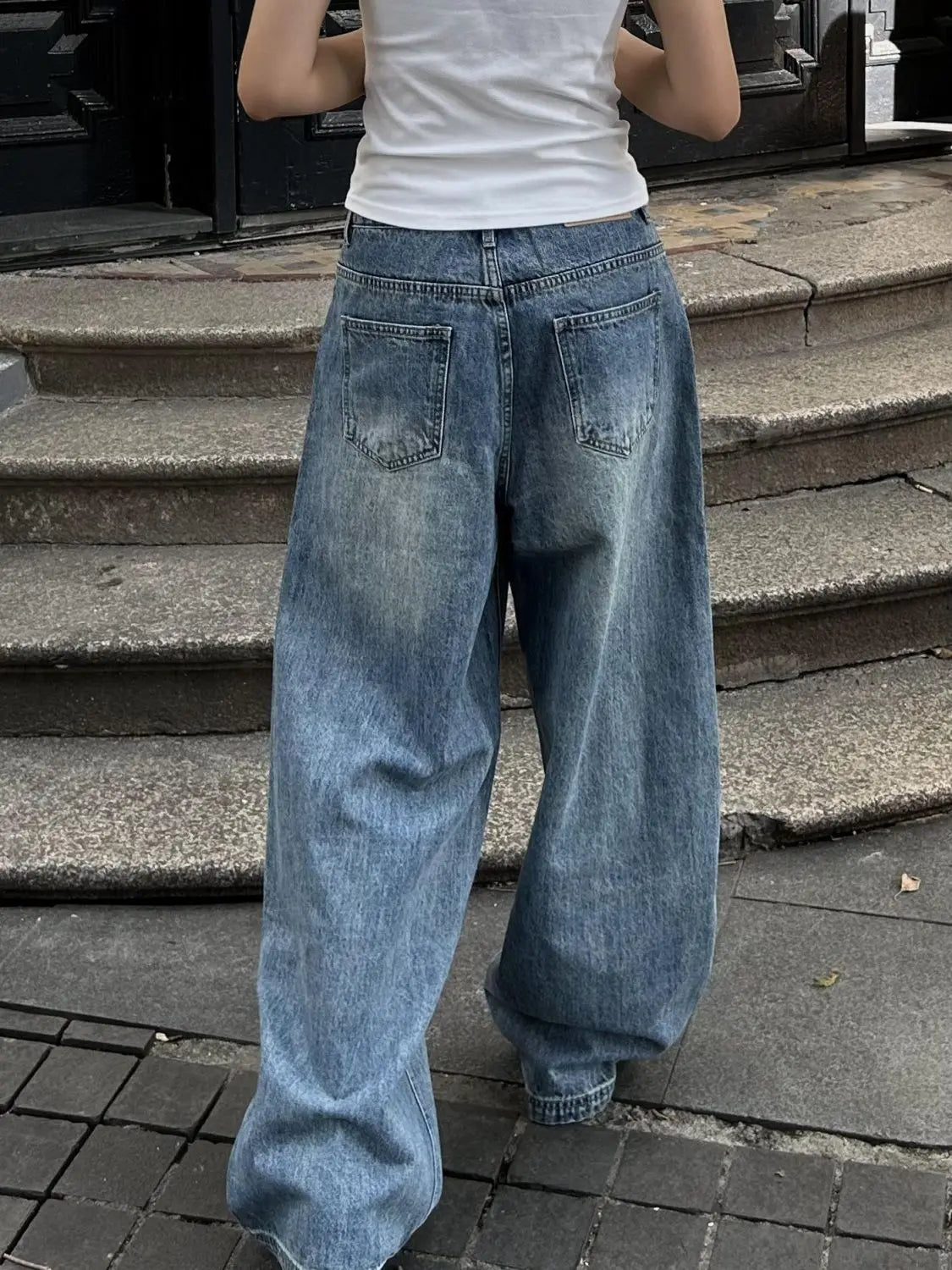 Vintage-Jeans in gewaschenem Blau mit weitem Bein