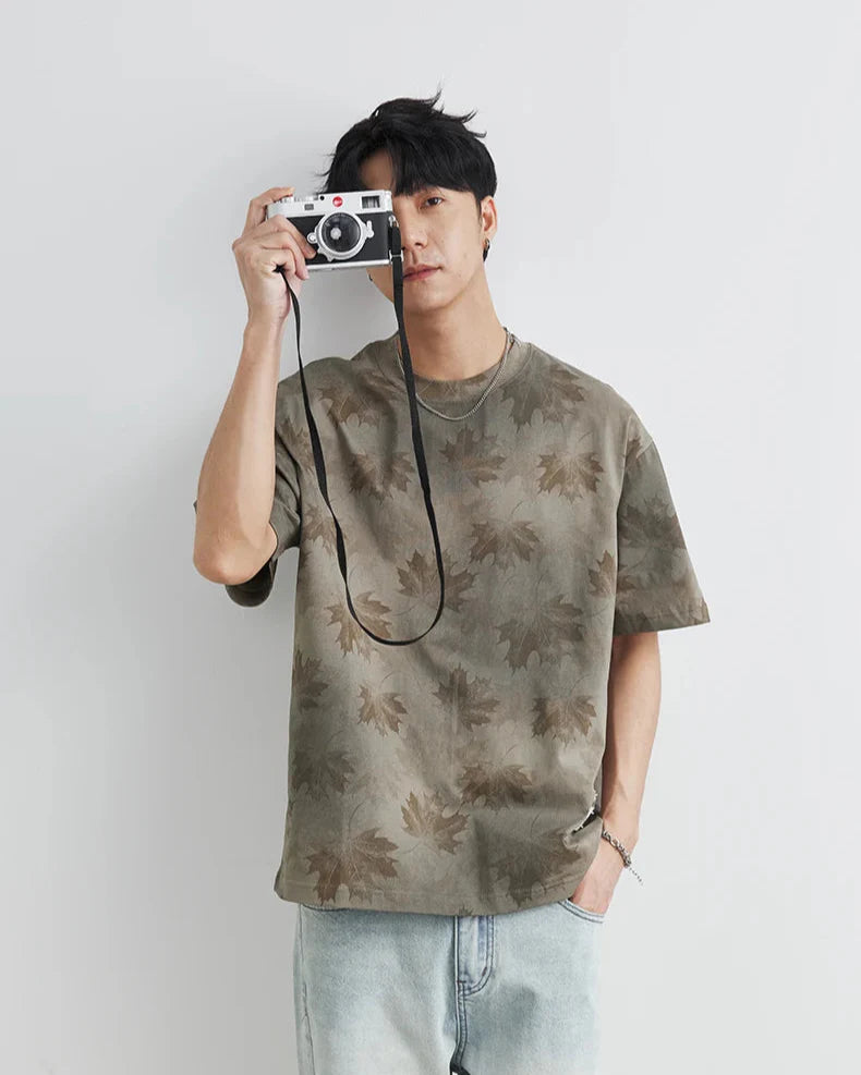 Men's Streetwear Retro Ink Dye Maple Leaf T-Shirt