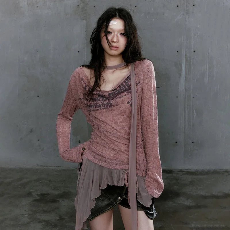 Grunge Y2K Graffiti Print Knitted Women's Top