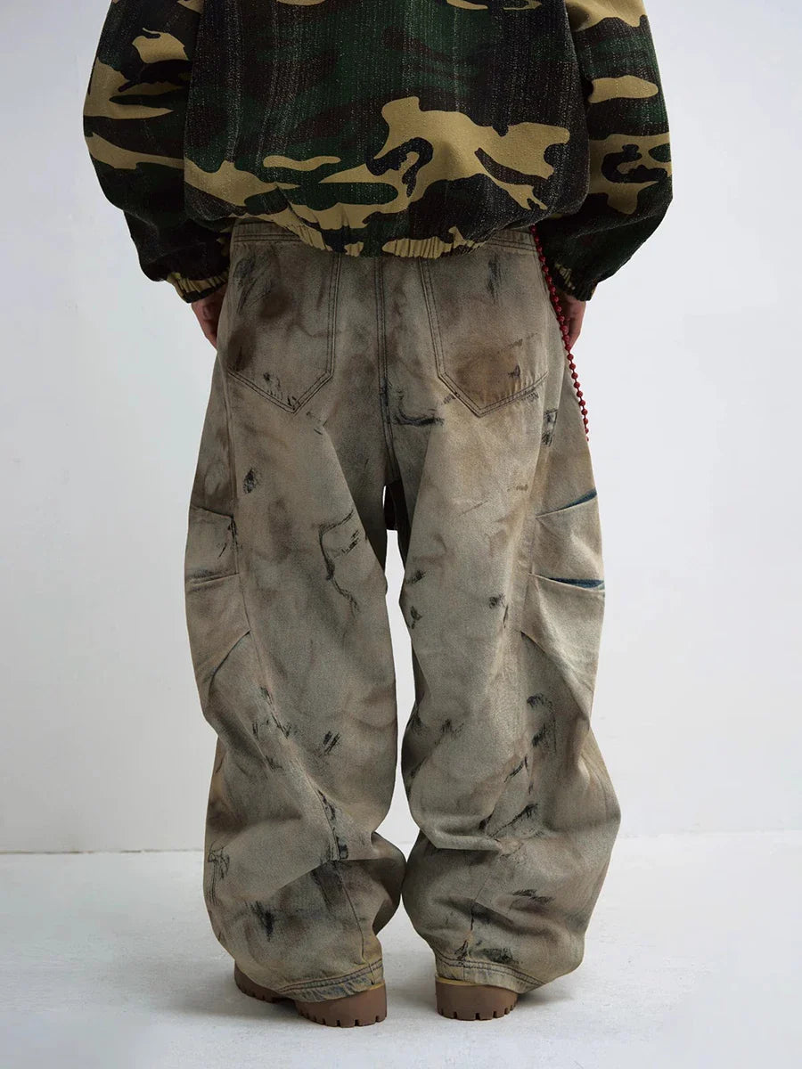 Jeans streetwear en peluche taille haute à jambes larges