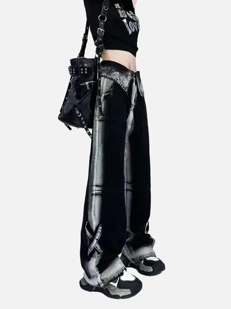 Y2K High Waist Kontrastfarben Weite Bein Jeans