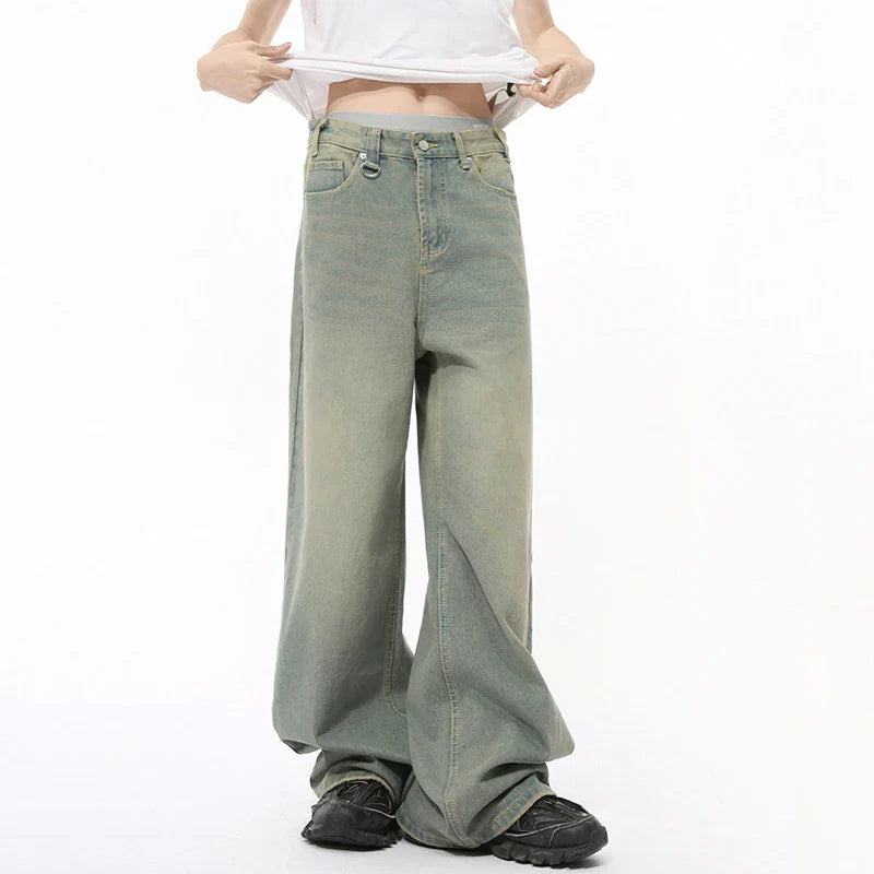 Gerade geschnittene, grüne Vintage-Jeans mit weitem Bein