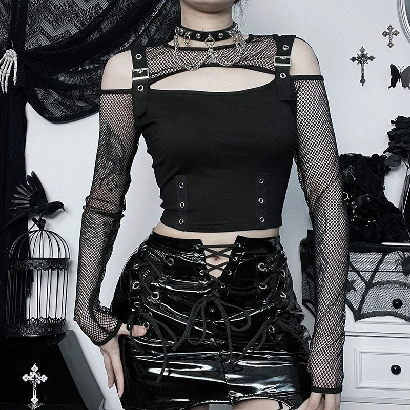 Dark Gothic Fishnet Patchwork Grunge T-Shirt