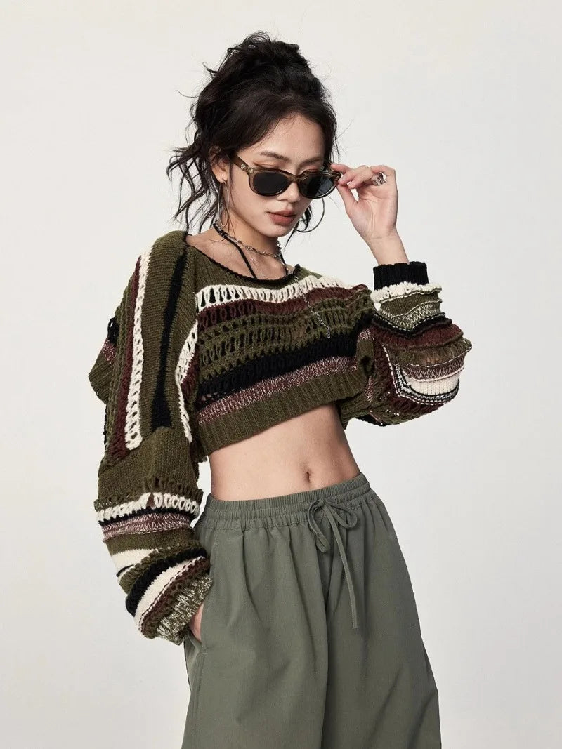 Pull en maille ajourée à rayures vertes