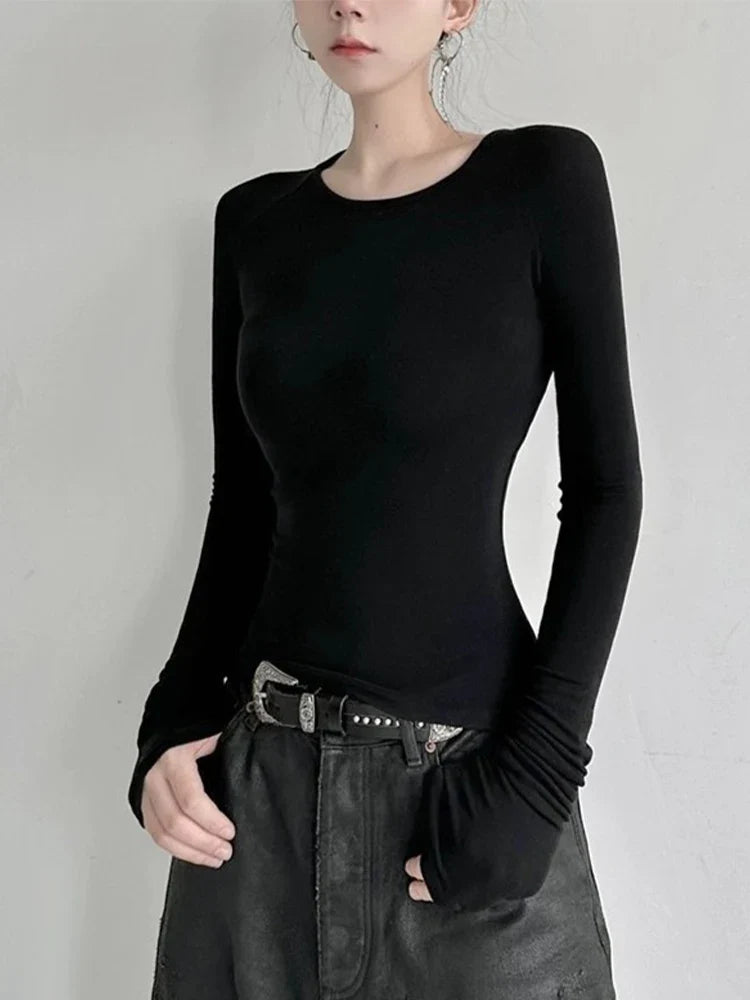 Y2K Elegantes Langarm-T-Shirt mit taillierter Passform