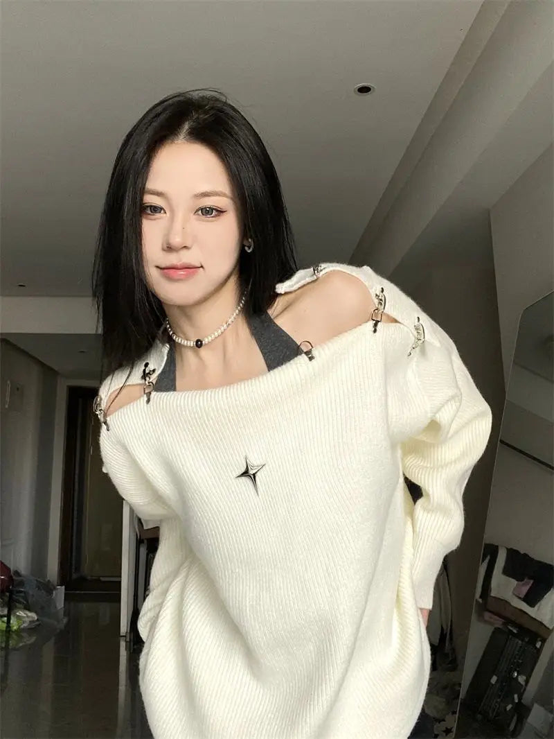 Lockerer schulterfreier Pullover mit Sternenmuster