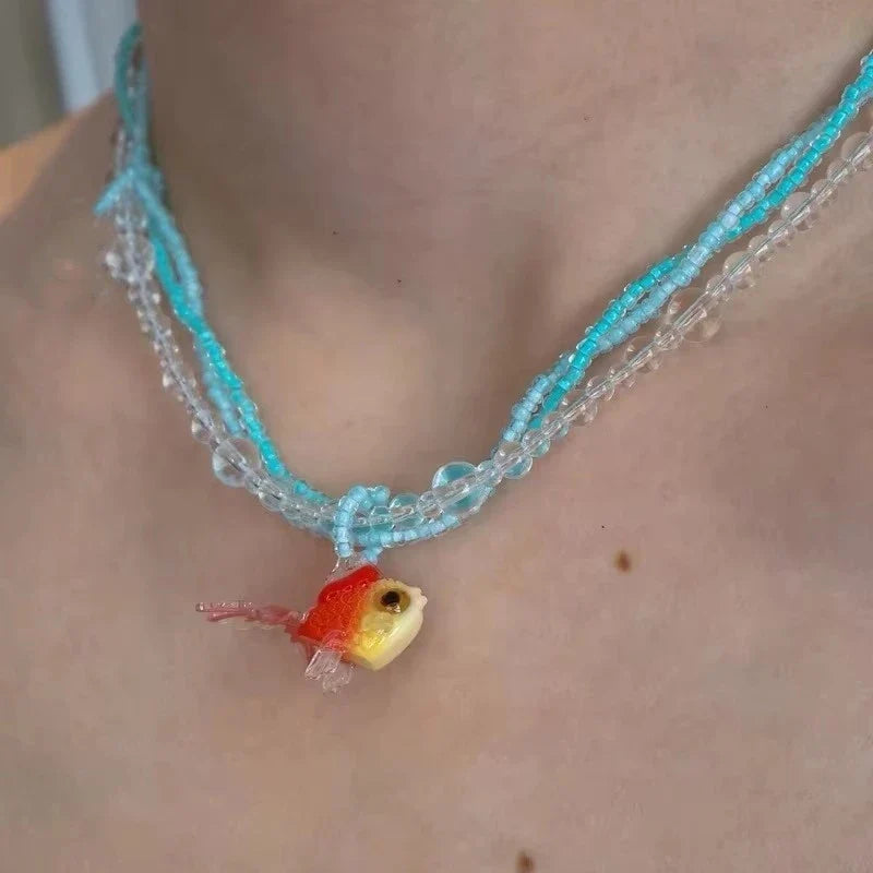 Collier pendentif poisson rouge bohème mignon