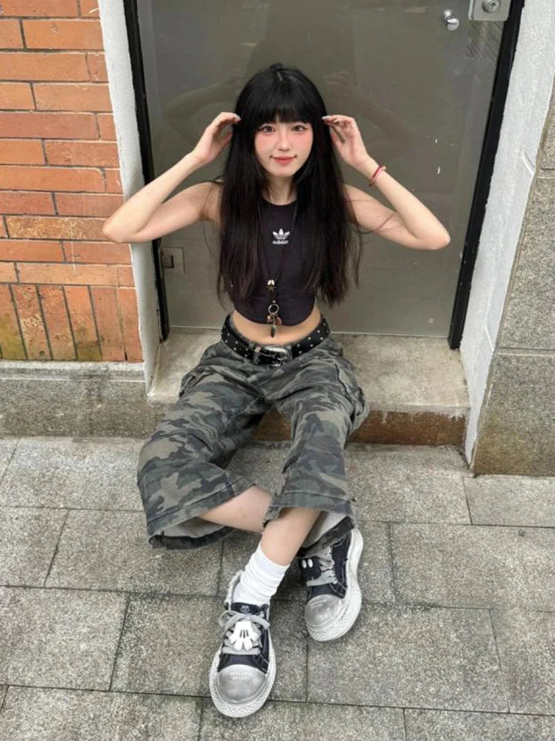 Streetwear Vintage Camouflage Denim High Cargo Jorts