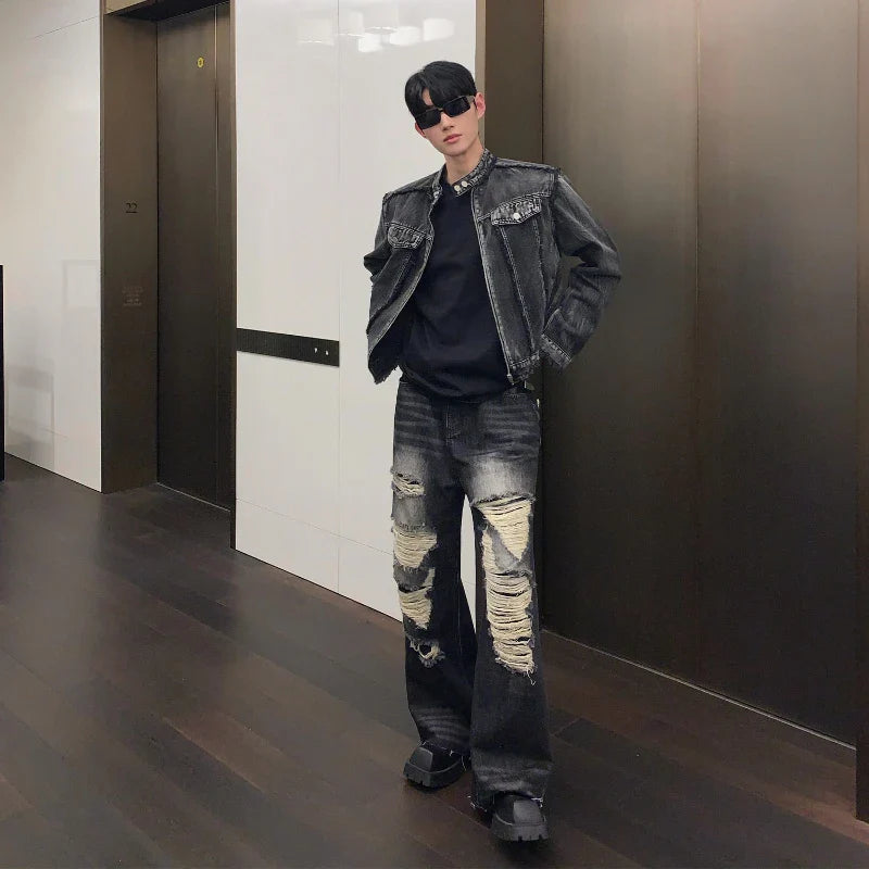 Veste en jean délavée, déchirée et robuste, style streetwear punk
