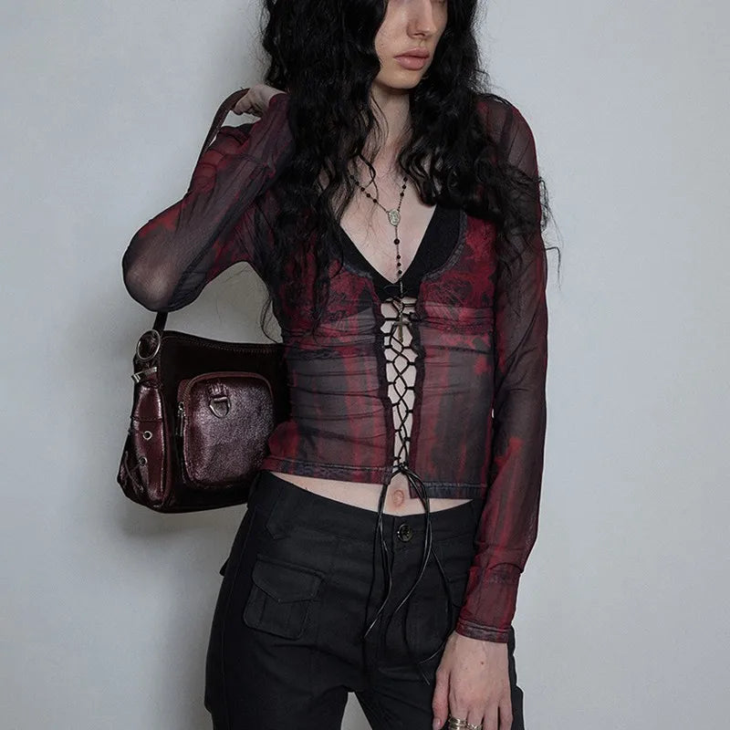 Grunge Y2K Tattoo Print Mesh Women's Top