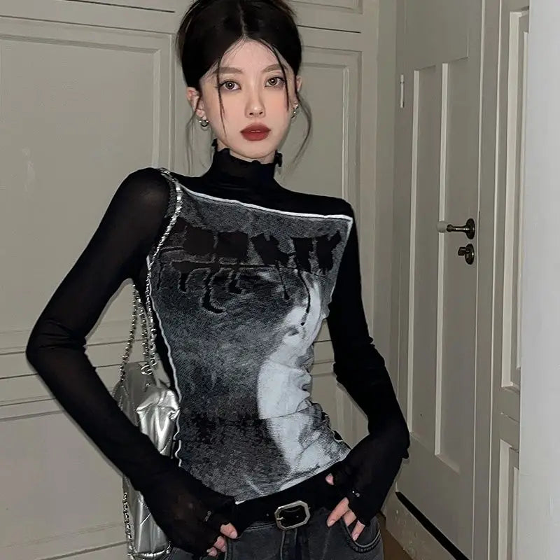 Vintage Mesh High Neck Long T-Shirt