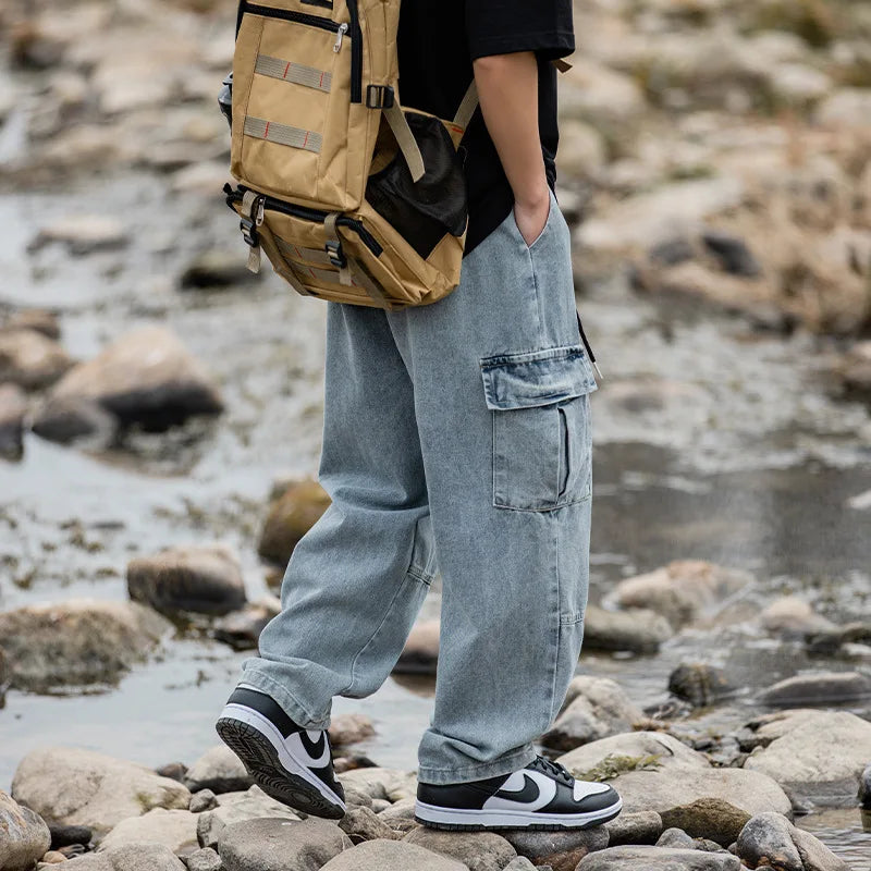 Retro Vintage Washed Water Workwear Baggy Jeans