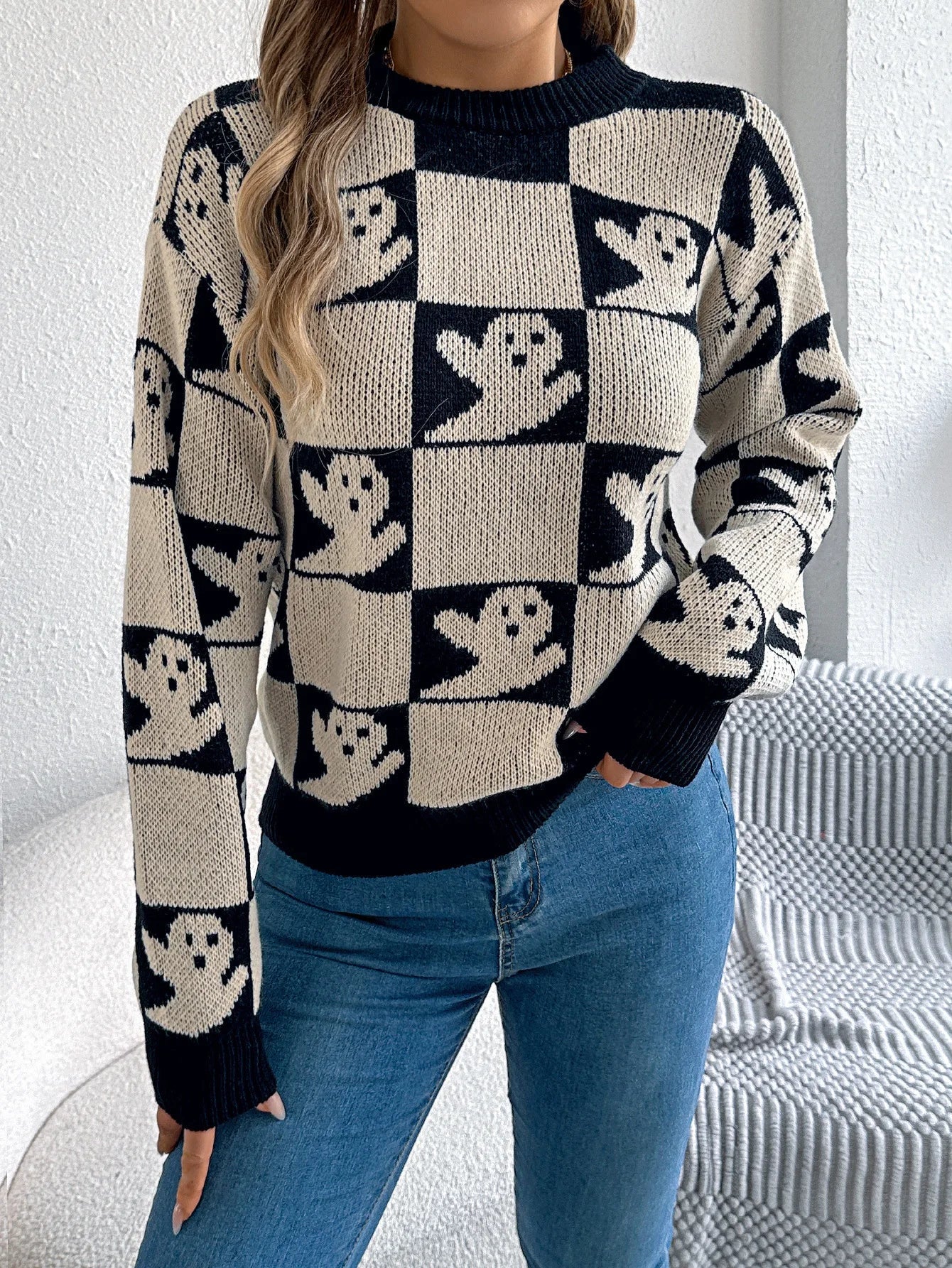 Y2K Signature Halloween Plaid Strickpullover