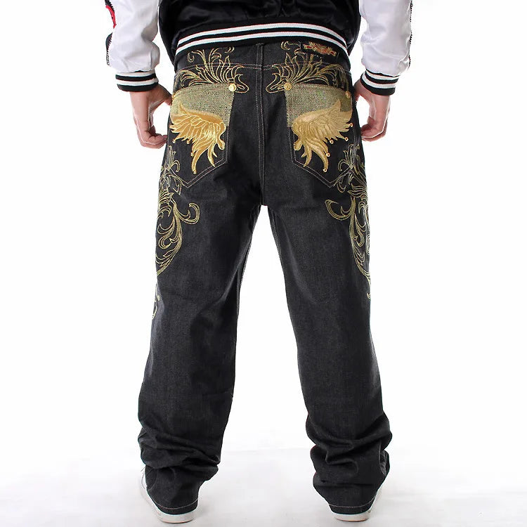Bestickte, gespleißte Straight-Fit-Denim-Jeans