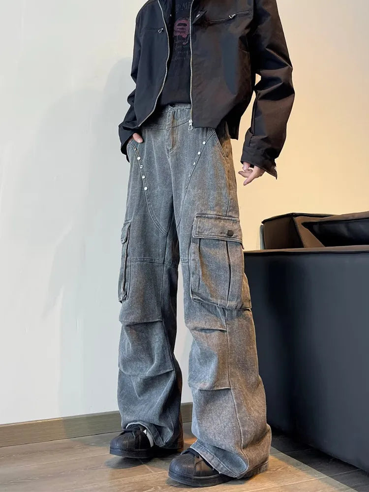Jeans baggy plissés gris cyber vintage streetwear Y2K
