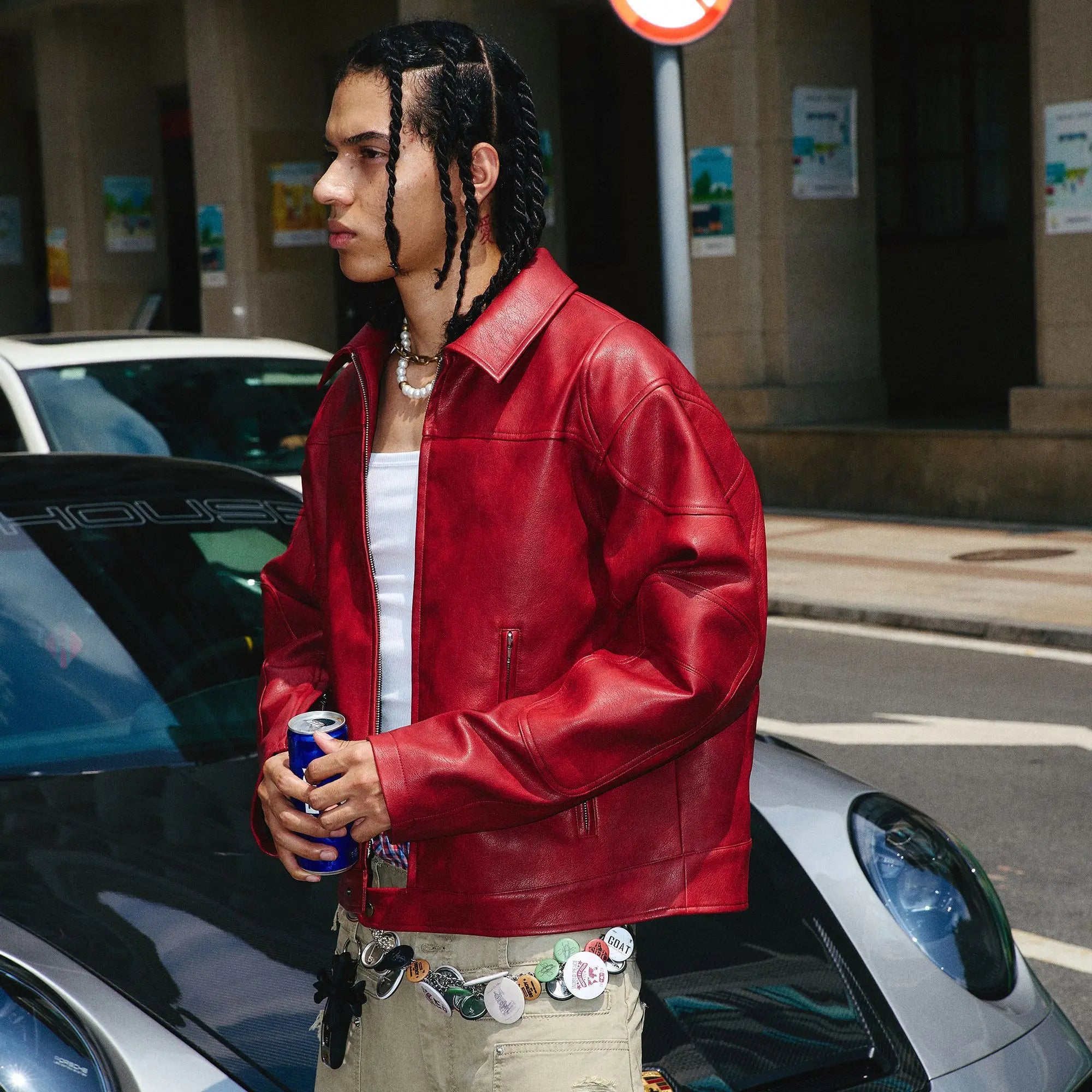 Hochwertige rote Lederjacke im koreanischen Hip-Hop-Stil