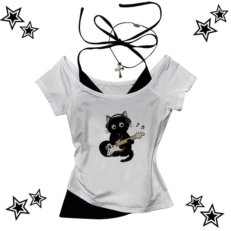 Y2K Vintage Katzen-Grafik-T-Shirt
