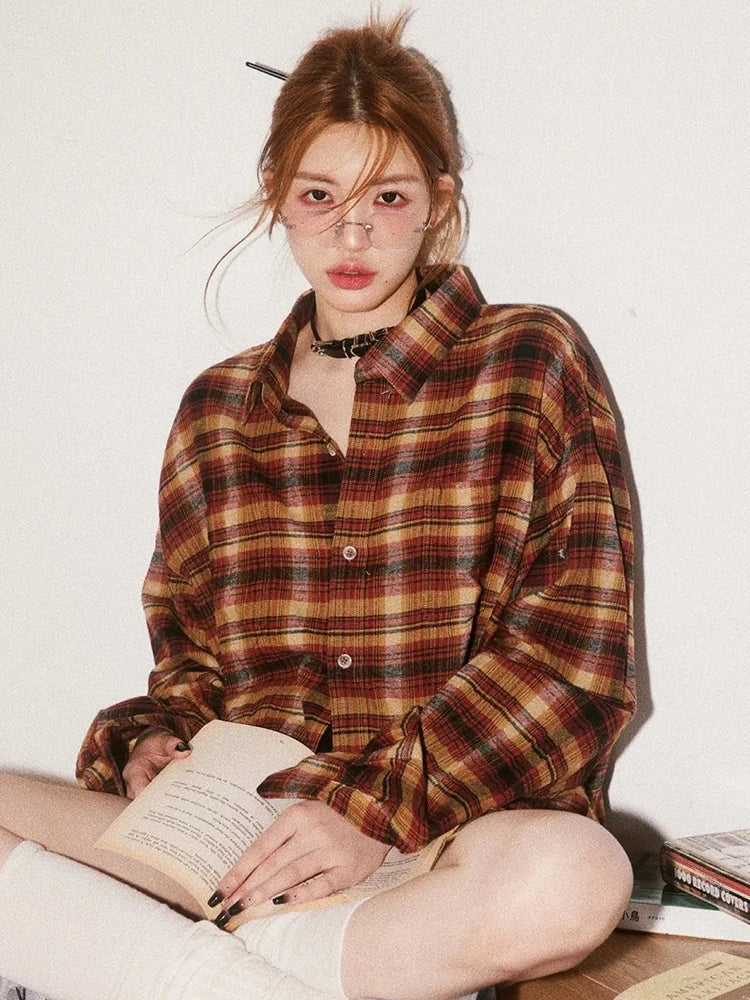 Chemise à carreaux oversize rétro vintage à manches longues pour femme