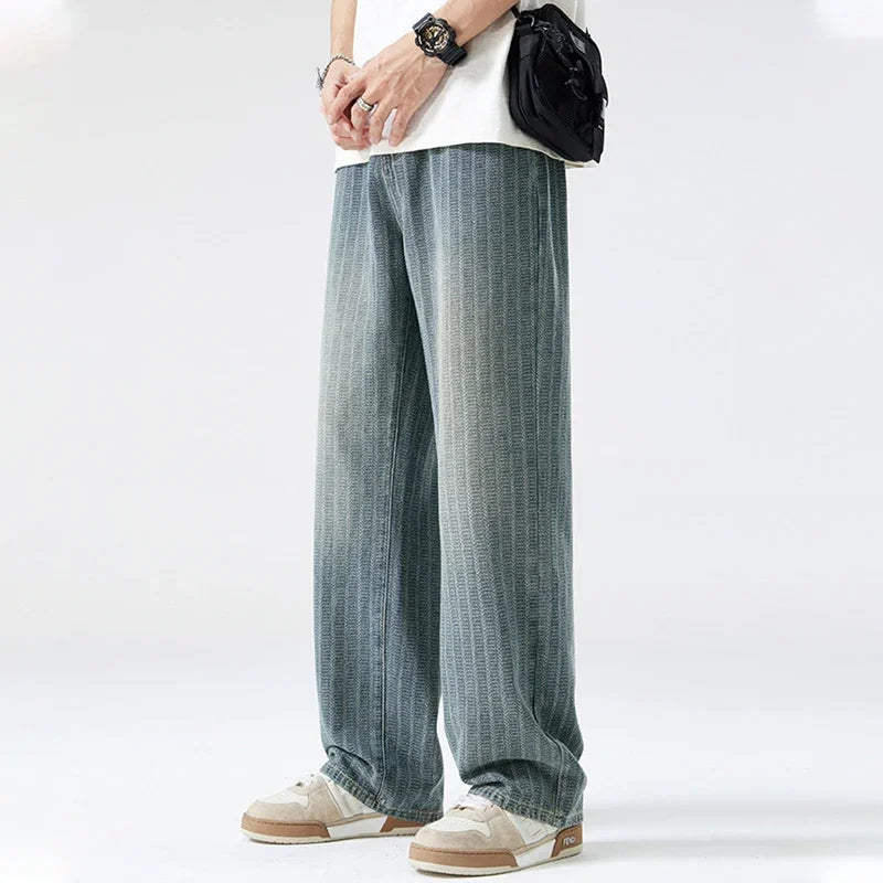 Jean vintage à rayures bleues, jambes larges, automne