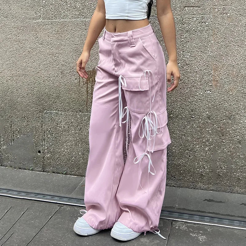 Damen Streetwear Vintage Cargohose mit Schleife