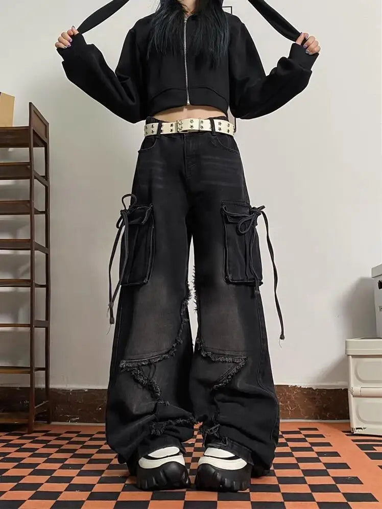 Jean rétro vintage à lacets taille haute pour femme