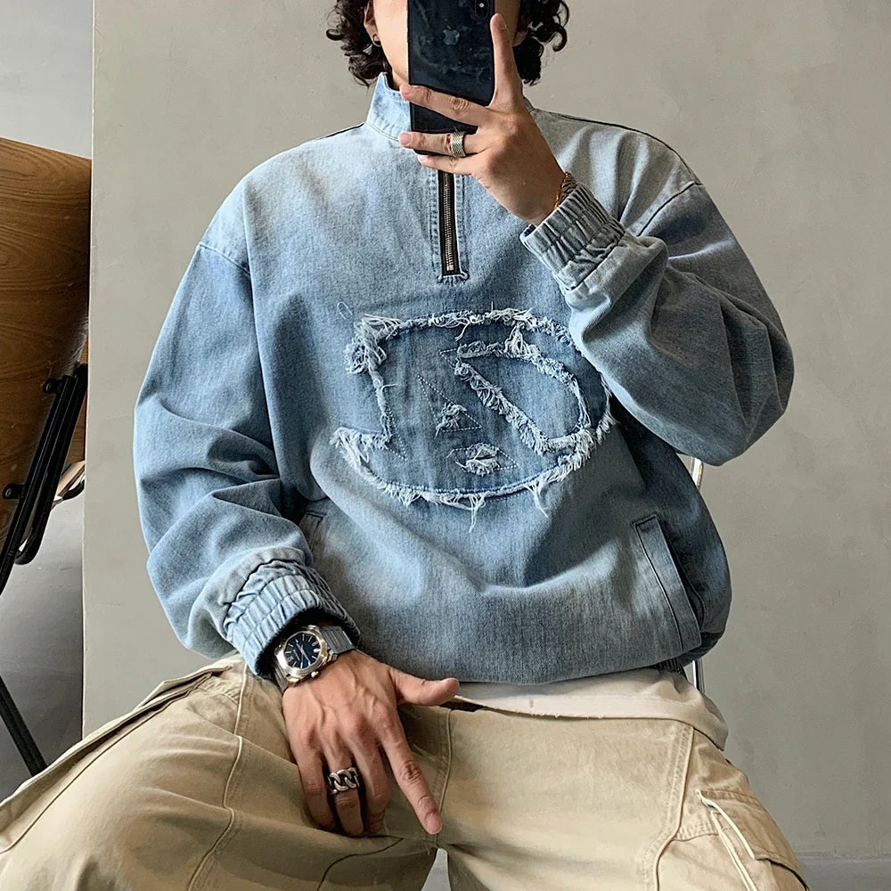 Vintage-Sweatshirt aus Denim mit halbem Reißverschluss und Used-Look