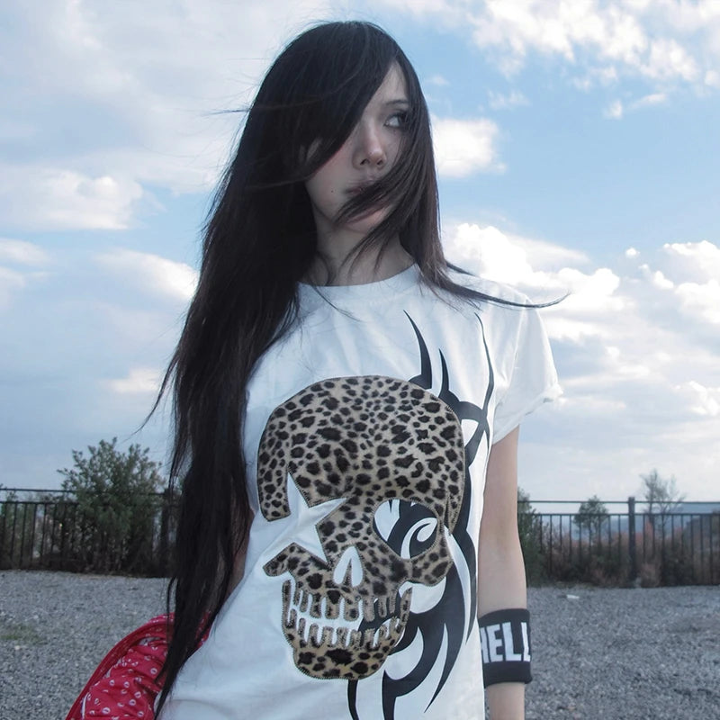 Grunge Y2K Totenkopf-Print Damen-T-Shirt