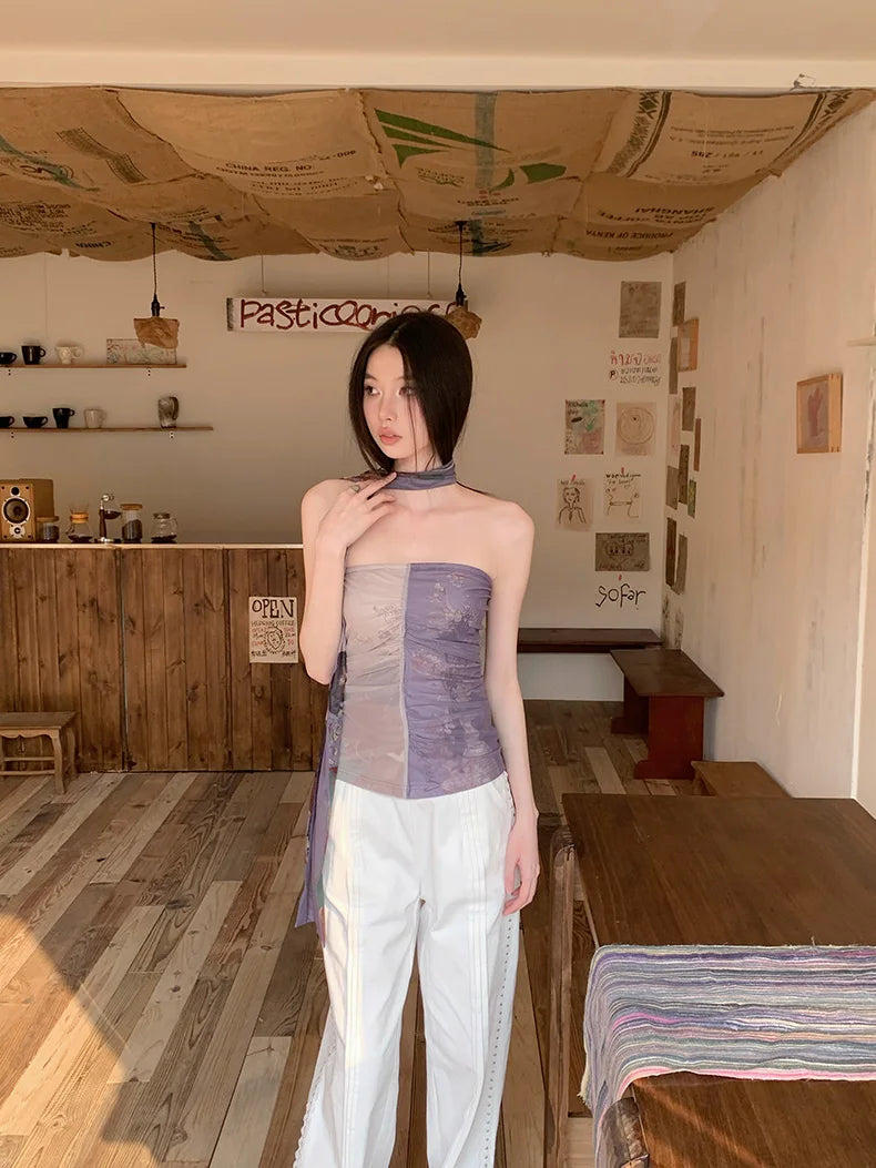 Y2K Floral Mesh Strapless Crop Top