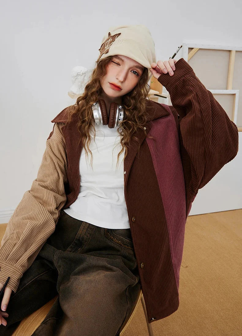 Veste de baseball en velours côtelé rayée et colorblock streetwear
