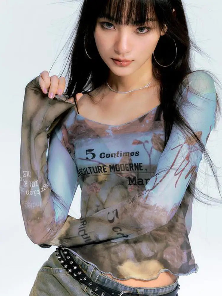 T-shirt long en maille transparente à imprimé lettres
