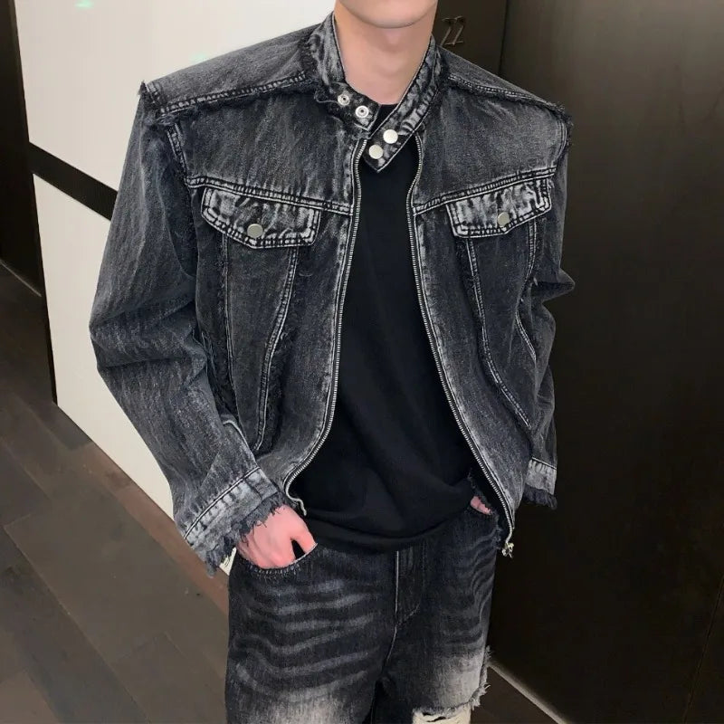 Veste en jean délavée, déchirée et robuste, style streetwear punk