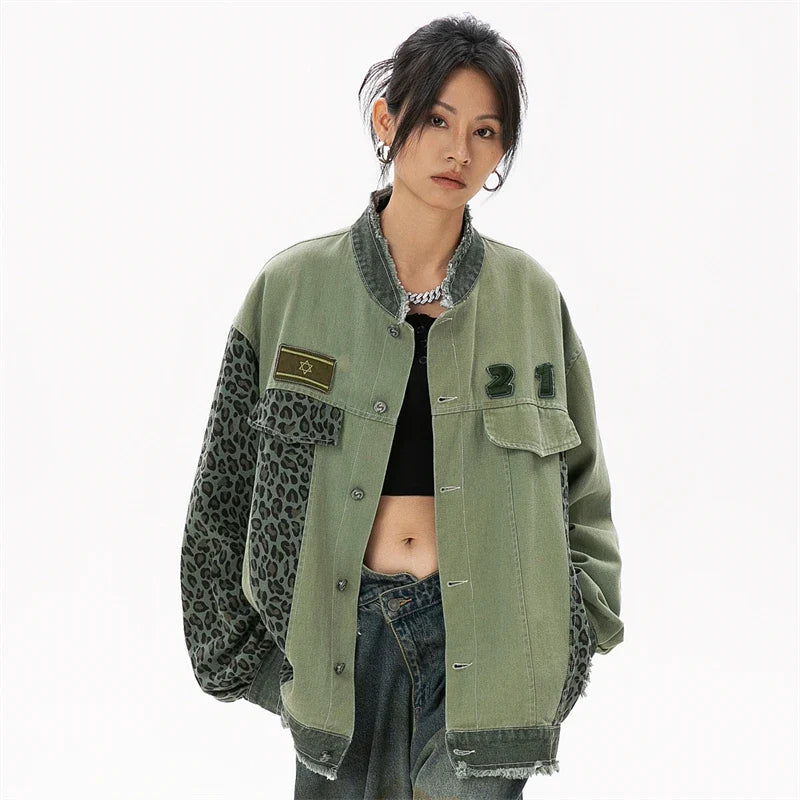 Luxuriöse grüne Patchwork-Jeansjacke