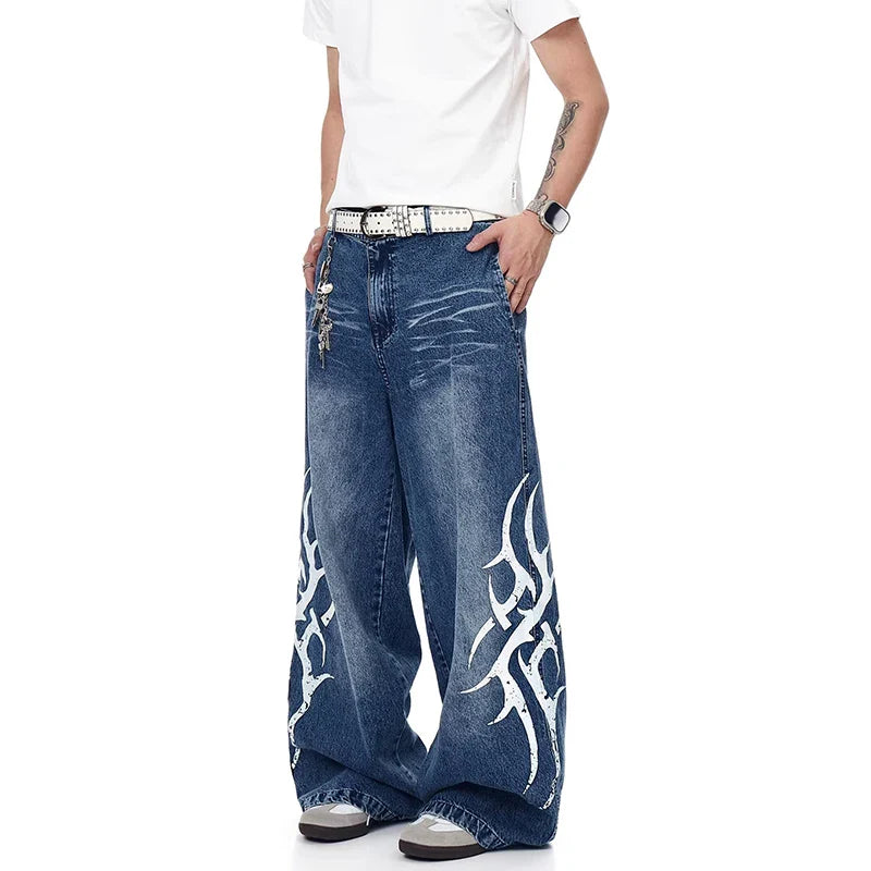 Atmungsaktive Sommerjeans mit hohem Bund, weitem Bein und Print