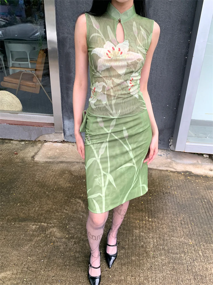 Y2K Floral Vintage Top and Skirt Women's Outfit
