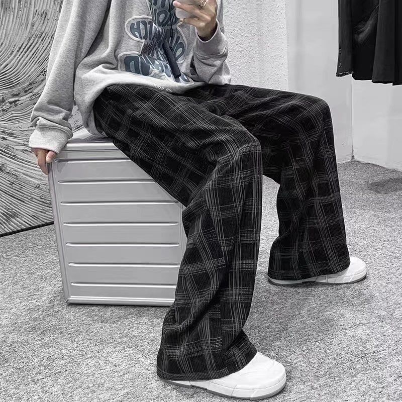 Streetwear Hip Hop Karierte Cordhose mit weitem Bein