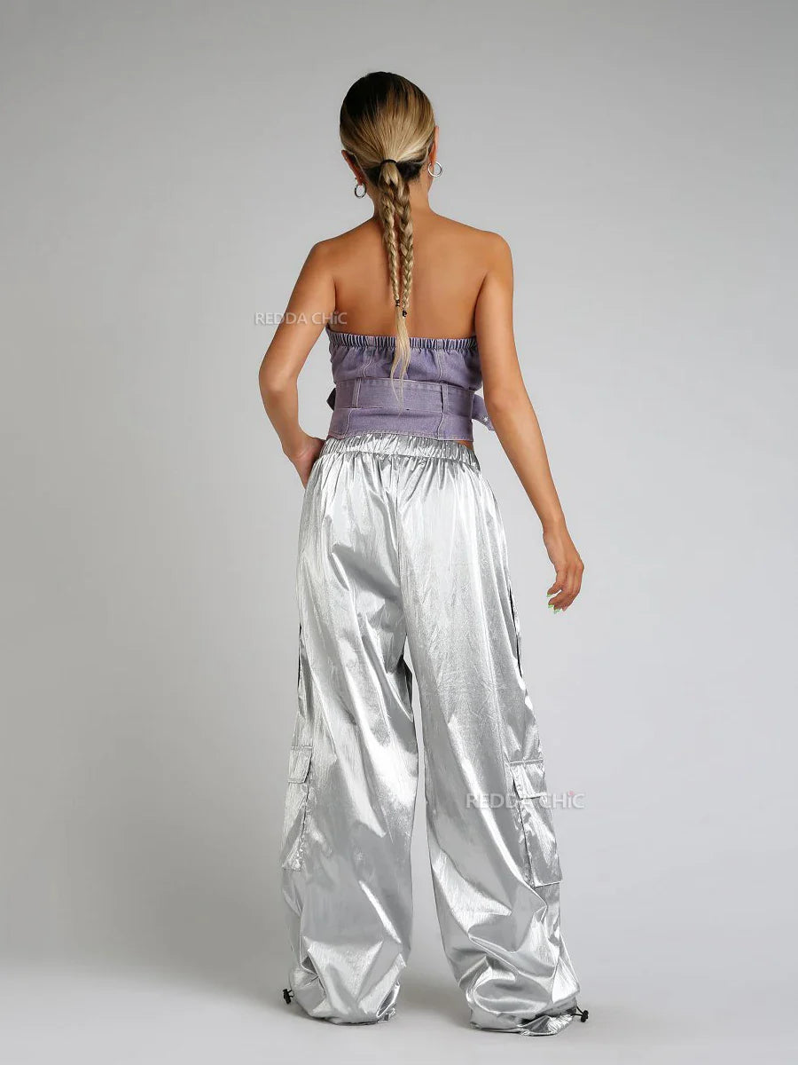 Vintage silbermetallic Fallschirmlederhose