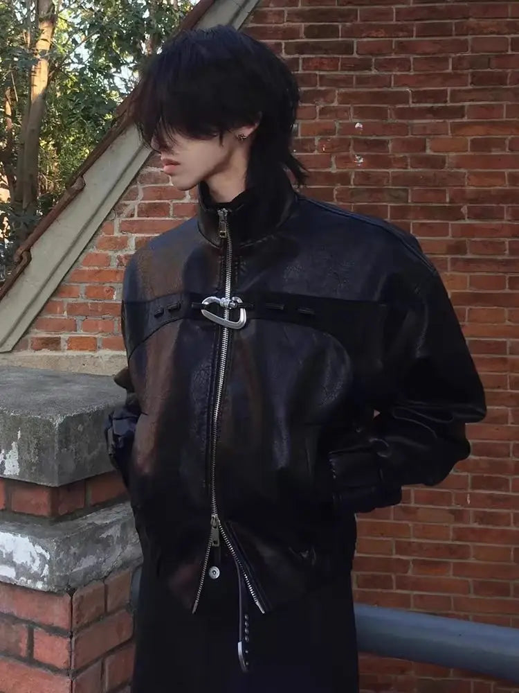 Schwarze Stehkragenjacke aus PU-Leder