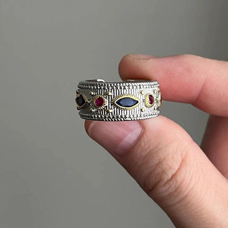 Bague ouverte créative à rayures de zircon multicolores