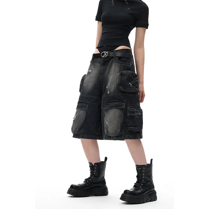 Streetwear Casual High Waist Schwarze Vintage Denim Jorts
