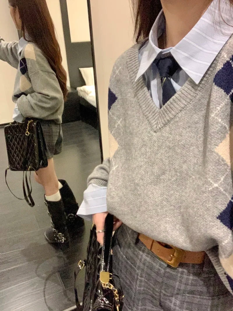Pull oversize gris vintage à losanges pour femme